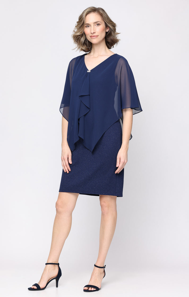 blue glitter knit dress Sl Fashions Women's V-Neck Short-Sleeve Ruffle Wrap - Navy F18 The newly commissioned class size:US 20Plus / UK 24 / EU 50 Corset effect princess seams