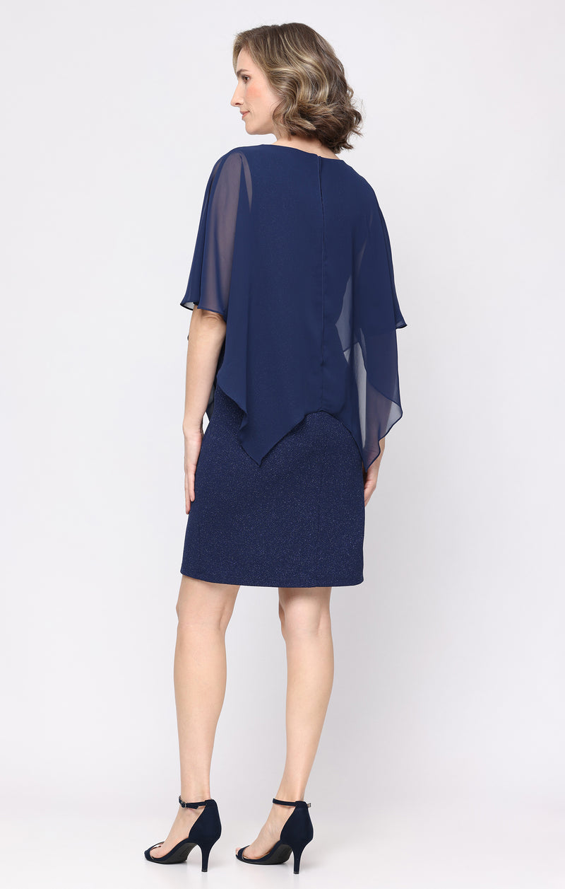 Short Glitter Knit Sheath V-Neck Dress with Cascade Chiffon Overlay Bodice and Embellished