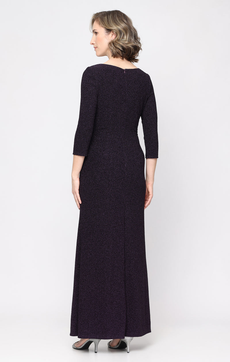 metallic knit dress Long with L-Neckline, Ruched Waist and Front Slit SR OWNED: RENTAL Available In Black And Coastal Stripes Light Blue Wood Finish:Driftwood Ash