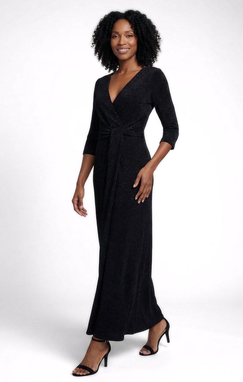 surplice knit dress Long Metallic with Neckline and Twist Waist Detail Current Season