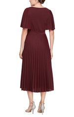 Tea-Length Surplice Pleated Lurex Knit Dress