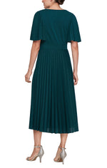 Tea-Length Surplice Pleated Lurex Knit Dress