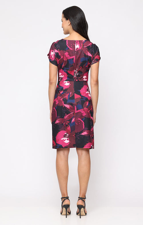 Short Printed Scuba Crepe Sheath Dress with Tulip Detail Sleeve and Hardware Detail at Waist