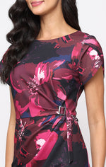 Short Printed Scuba Crepe Sheath Dress with Tulip Detail Sleeve and Hardware Detail at Waist