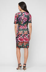 Regular - Printed Scuba Sheath Dress with Cutout Neckline, Elbow Sleeves and Structured Belt