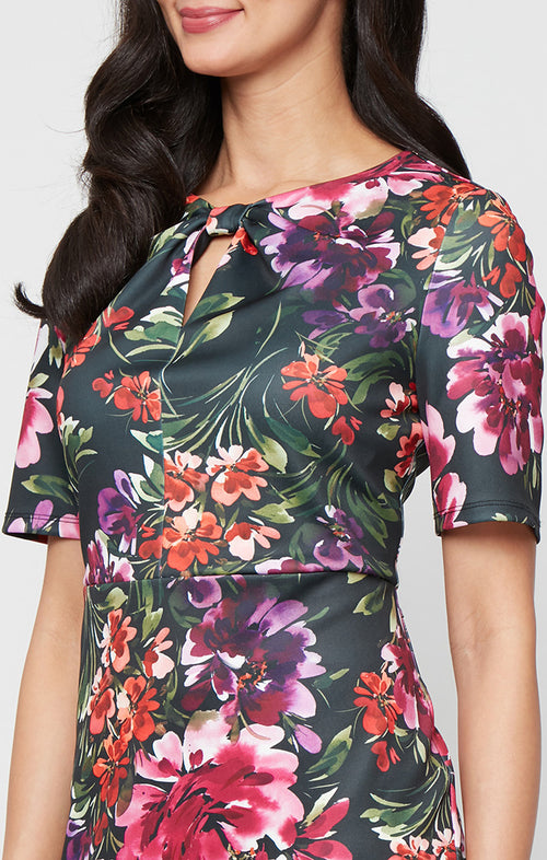 Regular - Printed Scuba Sheath Dress with Cutout Neckline, Elbow Sleeves and Structured Belt
