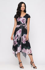 V-Neck Printed Mesh Dress with Cap Sleeves and Pointed Hem