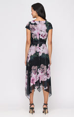 V-Neck Printed Mesh Dress with Cap Sleeves and Pointed Hem