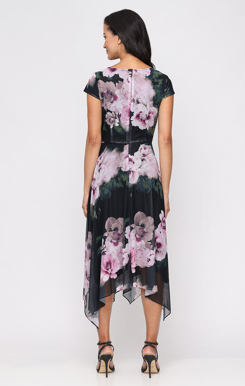 V-Neck Printed Mesh Dress with Cap Sleeves and Pointed Hem