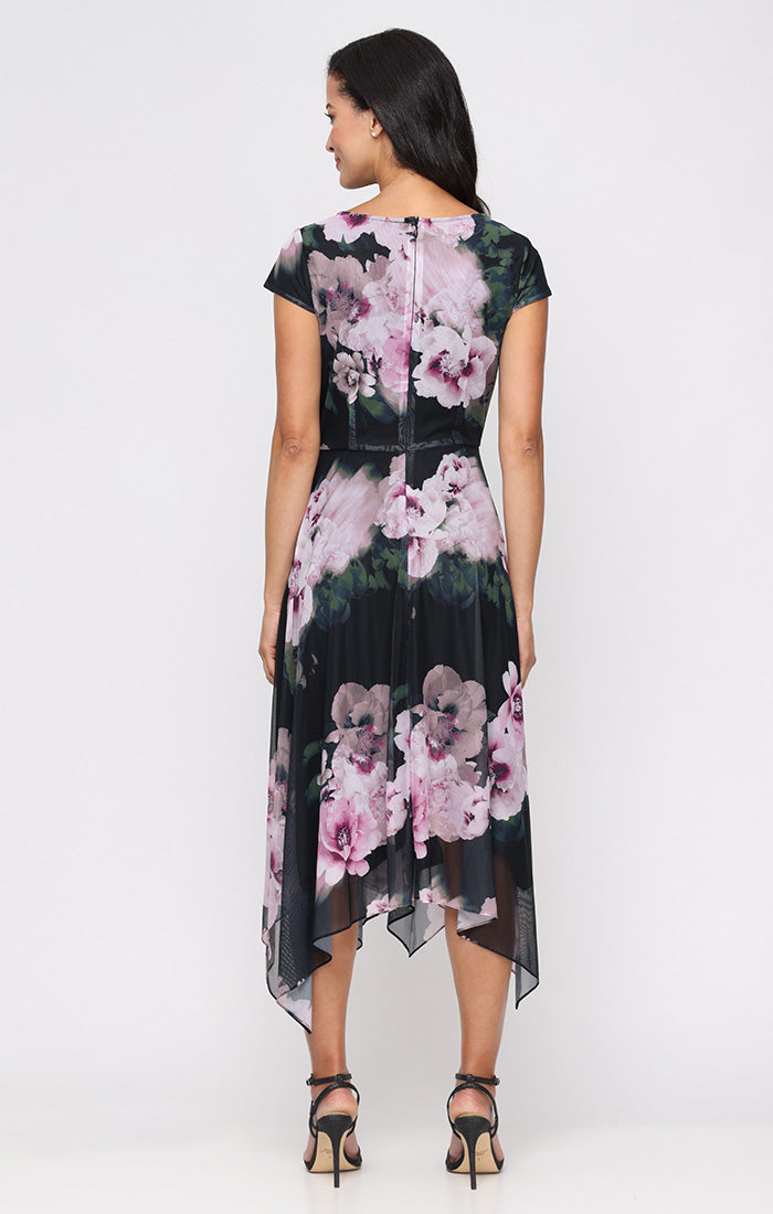 V-Neck Printed Mesh Dress with Cap Sleeves and Pointed Hem