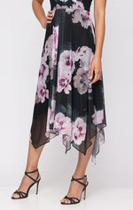 V-Neck Printed Mesh Dress with Cap Sleeves and Pointed Hem