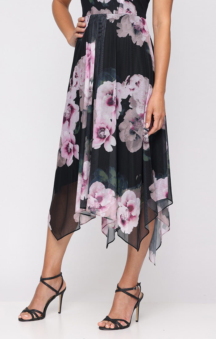 V-Neck Printed Mesh Dress with Cap Sleeves and Pointed Hem