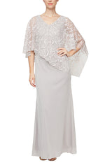 Petite V-Neck Glitter Mesh Gown with Floral Chiffon Asymmetric Cape