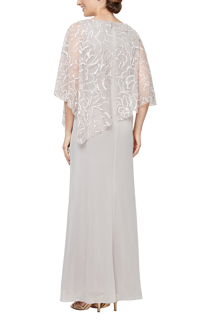 V-Neck Glitter Mesh Gown with Floral Chiffon Asymmetric Cape