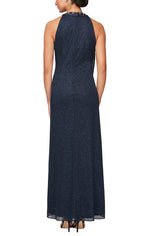 Petite - Glitter Mesh Gown with Embellished Halter Neckline