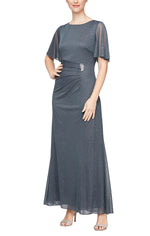 Petite Long A-Line Dress With Embellished Ruched Waist and Flutter Sleeves