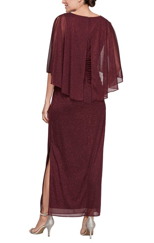 Petite Long Glitter Mesh Column Dress with Cold Shoulder Popover and Embellishment Detail at Shoulders