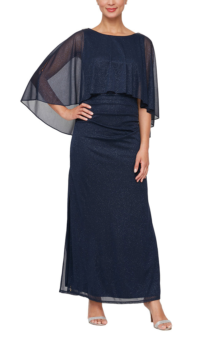 Long Glitter Mesh Column Dress with Cold Shoulder Popover and Embellishment Detail at Shoulders