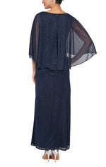 Long Glitter Mesh Column Dress with Cold Shoulder Popover and Embellishment Detail at Shoulders