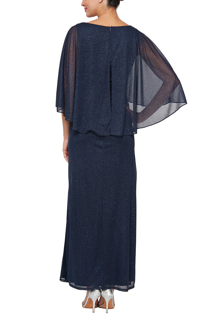 Long Glitter Mesh Column Dress with Cold Shoulder Popover and Embellishment Detail at Shoulders