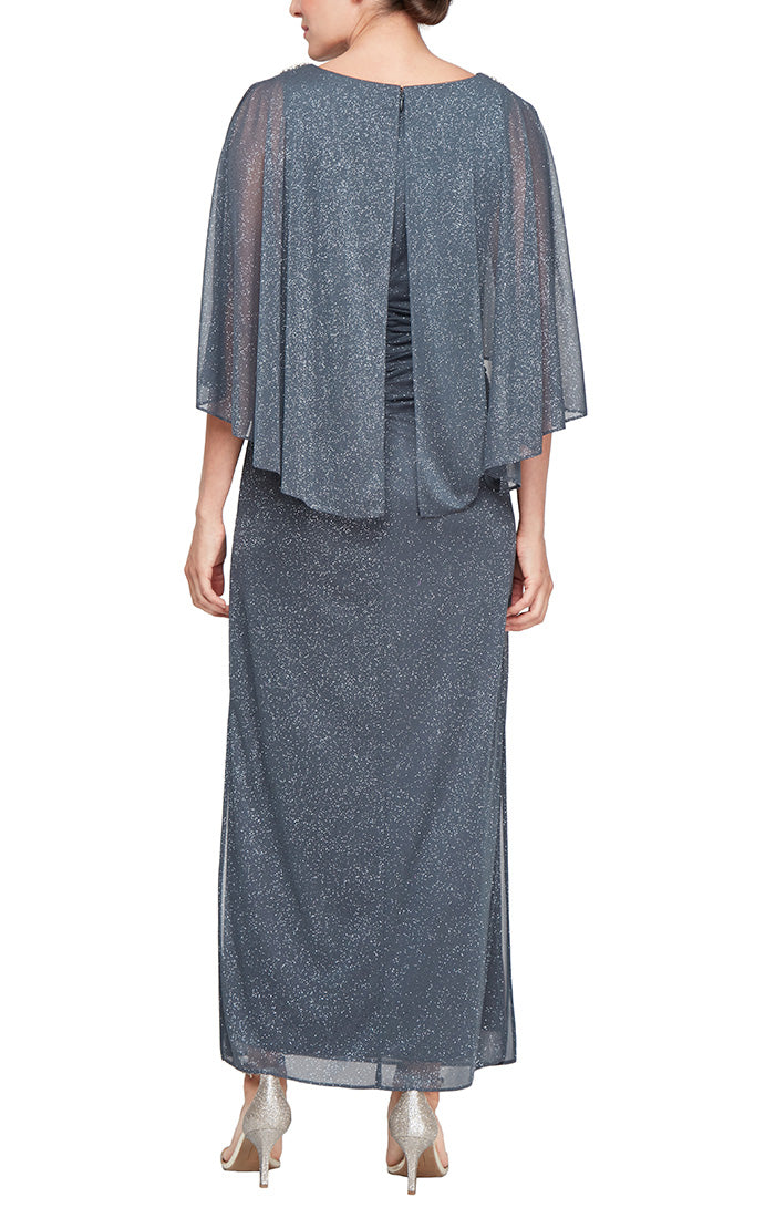 Long Glitter Mesh Column Dress with Cold Shoulder Popover and Embellishment Detail at Shoulders