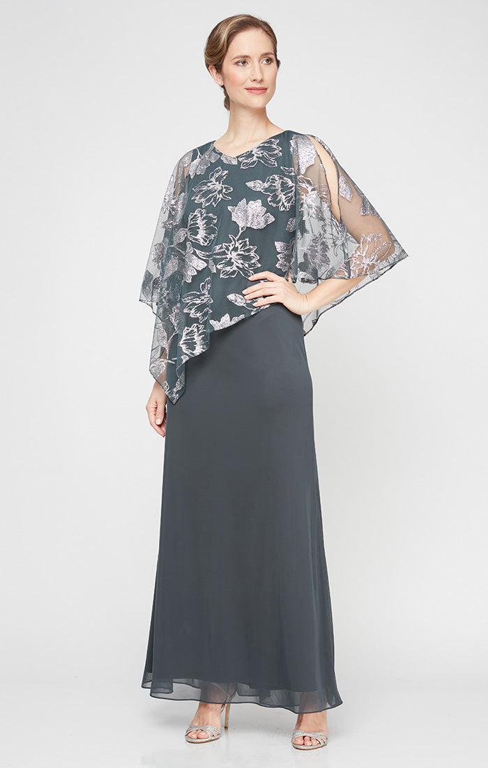 Sl Fashions Women's Novelty Asymmetric Overlay Bodice Gown - Smoke/Silver