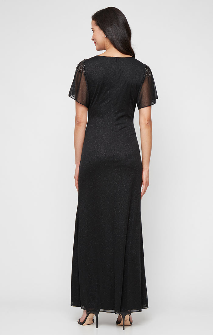 Petite Flare Dress with Illusion Flutter Sleeves & Embellishment Detail at Shoulders Petite Flare Dress with Illusion Flutter Sleeves & Embellishment Detail at Shoulders