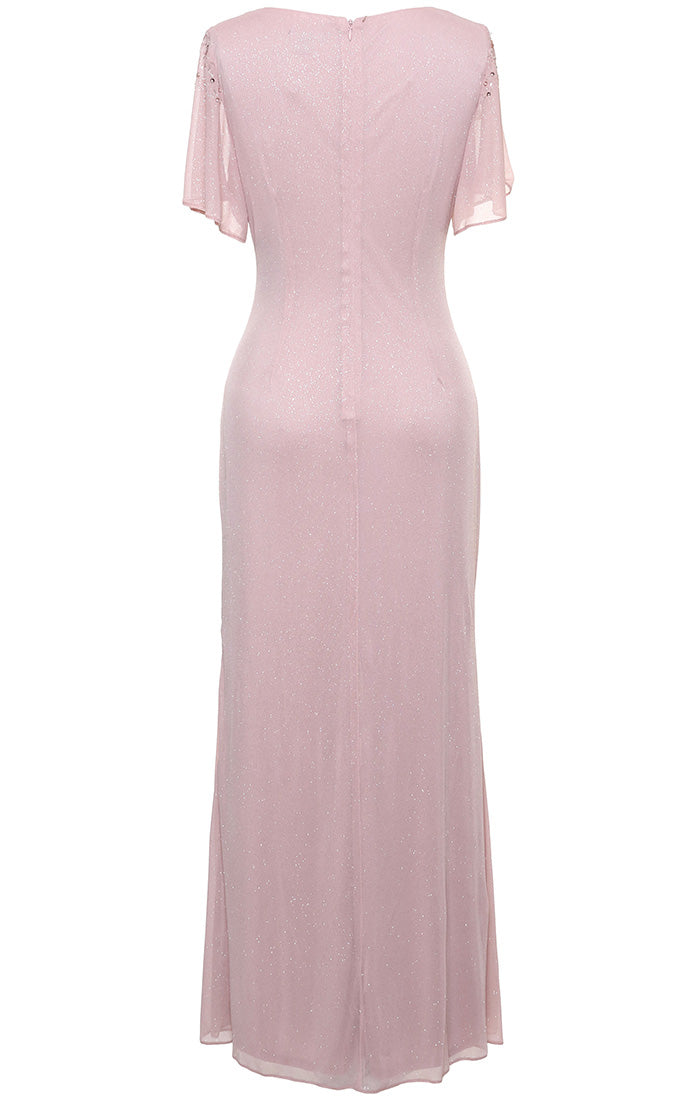 Long Fit and Flare Dress With Illusion Flutter Sleeves, Embellishment Detail at Shoulders and Front Slit