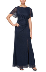 Plus Fit and Flare Dress with Illusion Flutter Sleeves, Embellishment Detail at Shoulders & Front Slit