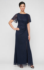 Long Fit and Flare Dress With Illusion Flutter Sleeves, Embellishment Detail at Shoulders and Front Slit