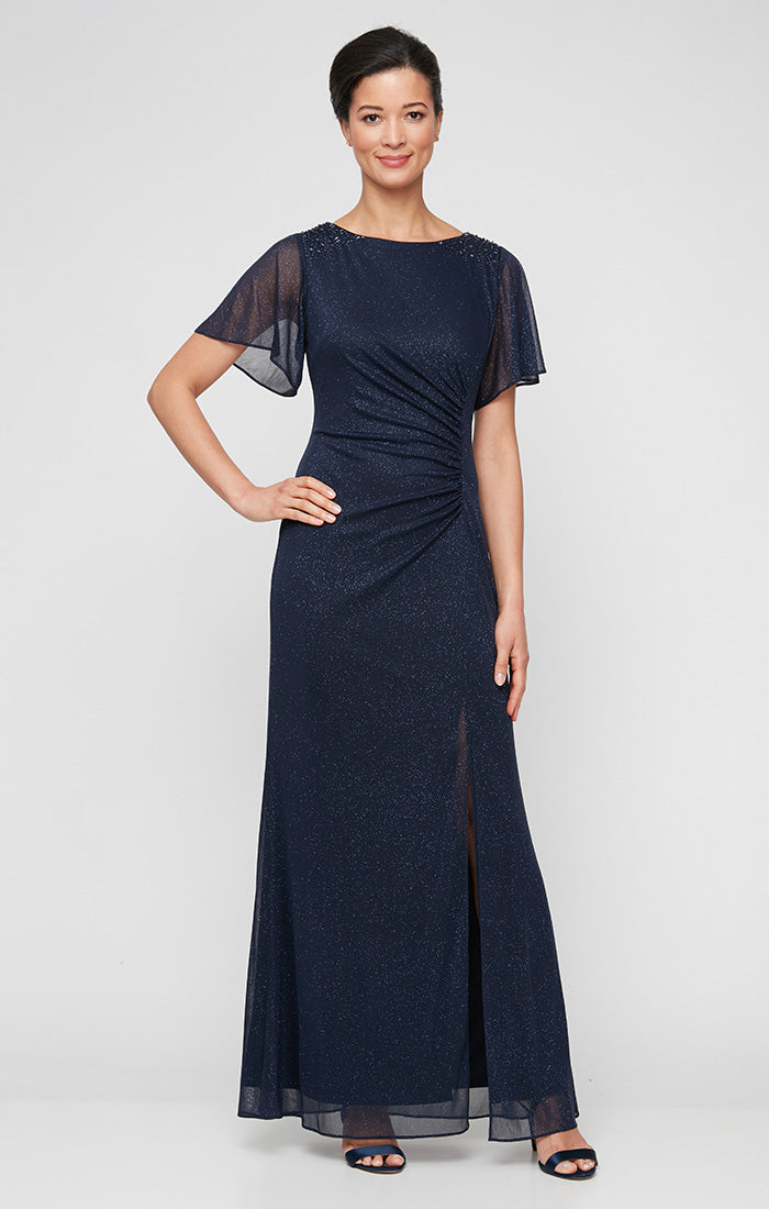 Long Fit and Flare Dress With Illusion Flutter Sleeves, Embellishment Detail at Shoulders and Front Slit