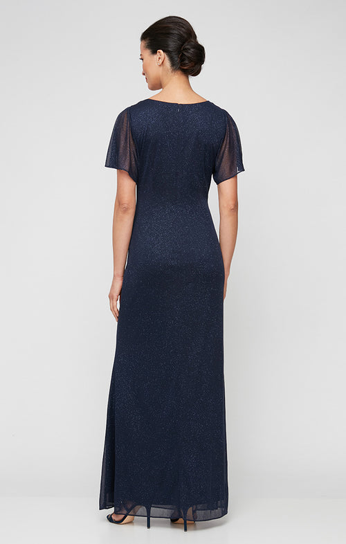 Long Fit and Flare Dress With Illusion Flutter Sleeves, Embellishment Detail at Shoulders and Front Slit