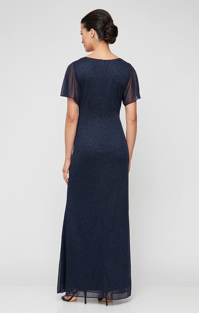 Long Fit and Flare Dress With Illusion Flutter Sleeves, Embellishment Detail at Shoulders and Front Slit