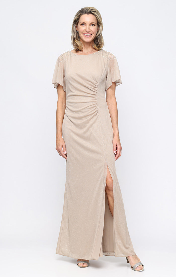 SL Fashions Women's Round-Neck Flutter-Sleeve Gown - Champagne