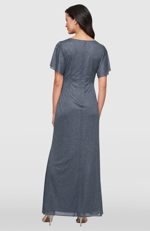 Long Fit and Flare Dress With Illusion Flutter Sleeves, Embellishment Detail at Shoulders and Front Slit
