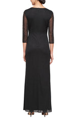 Glitter Mesh Ruched Waist Dress with Beaded Illusion Panel Sleeves and Front Slit