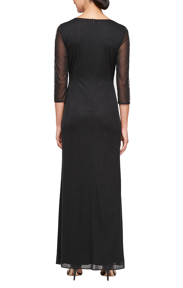 Glitter Mesh Ruched Waist Dress with Beaded Illusion Panel Sleeves and Front Slit