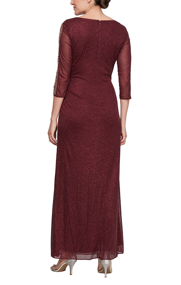 Glitter Mesh Ruched Waist Dress with Beaded Illusion Panel Sleeves and Front Slit