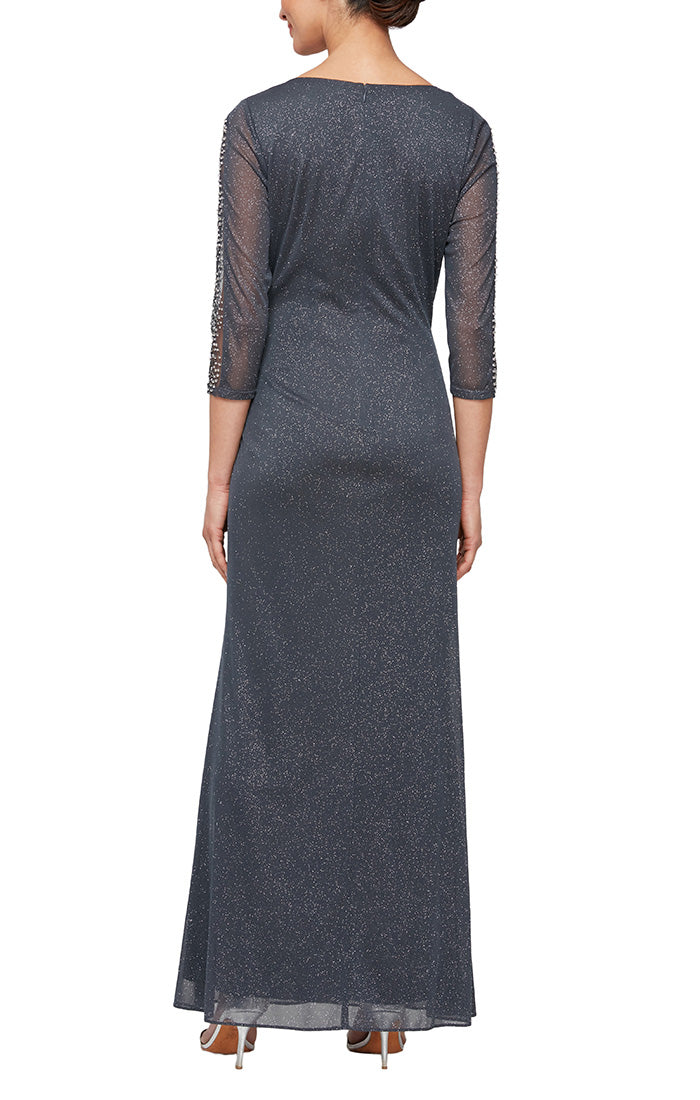 Glitter Mesh Ruched Waist Dress with Beaded Illusion Panel Sleeves and Front Slit