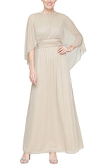 Petite Long Glitter Mesh Ruched Waist Dress with Capelet Sleeves and Embellishment at Neckline