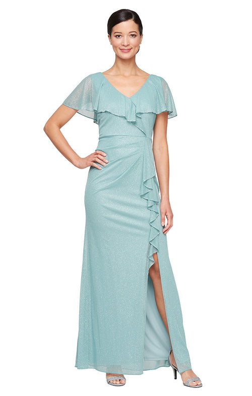 Plus Long Capelet Dress with Cascade Detail Skirt and Bugle Bead Detail