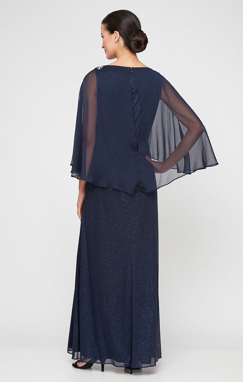 Long Glitter Mesh Dress with Tulip Ovleray Bodice and Embellishment at Shoulder