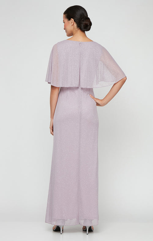 Petite Long Glitter Mesh Dress with Embellished Elbow Sleeves and Cascade Overlay Skirt