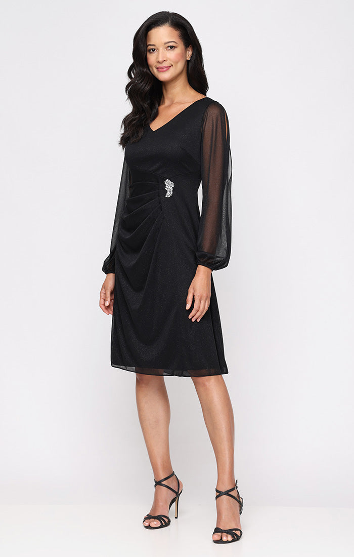 Short Glitter Mesh Dress with V-Neckline, Asymmetric Empire Bodice and Illusion Sleeves
