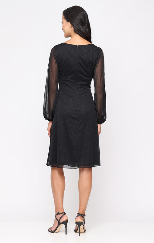 Short Glitter Mesh Dress with V-Neckline, Asymmetric Empire Bodice and Illusion Sleeves