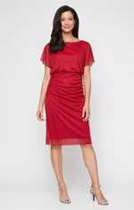 Short Glitter Mesh Dress with Ruched Waist Detail and Extended Shoulder