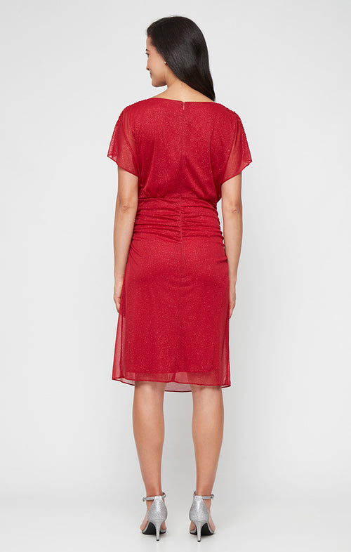 Short Glitter Mesh Dress with Ruched Waist Detail and Extended Shoulder