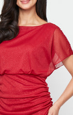 Short Glitter Mesh Dress with Ruched Waist Detail and Extended Shoulder