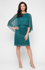 Short Glitter Mesh Sheath Dress with Overlay Bodice and Embellishment Detail at Shoulders