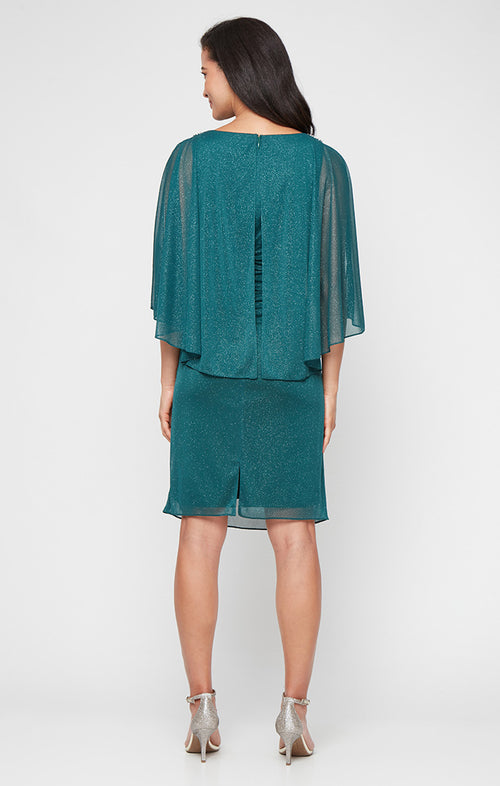 Short Glitter Mesh Sheath Dress with Overlay Bodice and Embellishment Detail at Shoulders